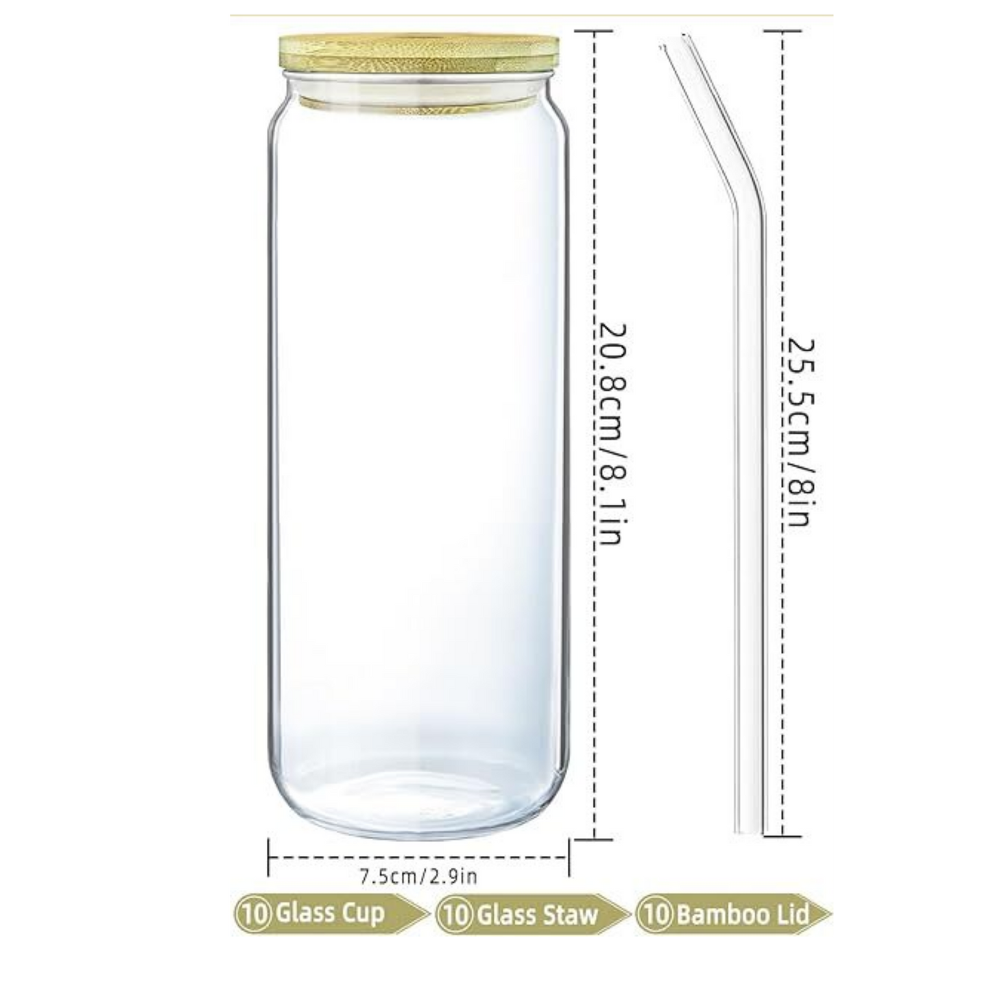 Custom Designed 24oz Glass Cup with Bamboo Lid and Straws, Glass Tumbler