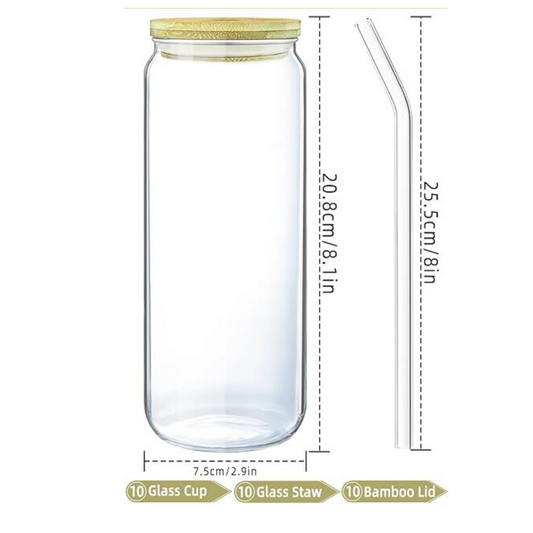 Custom Designed 24oz Glass Cup with Bamboo Lid and Straws, Glass Tumbler
